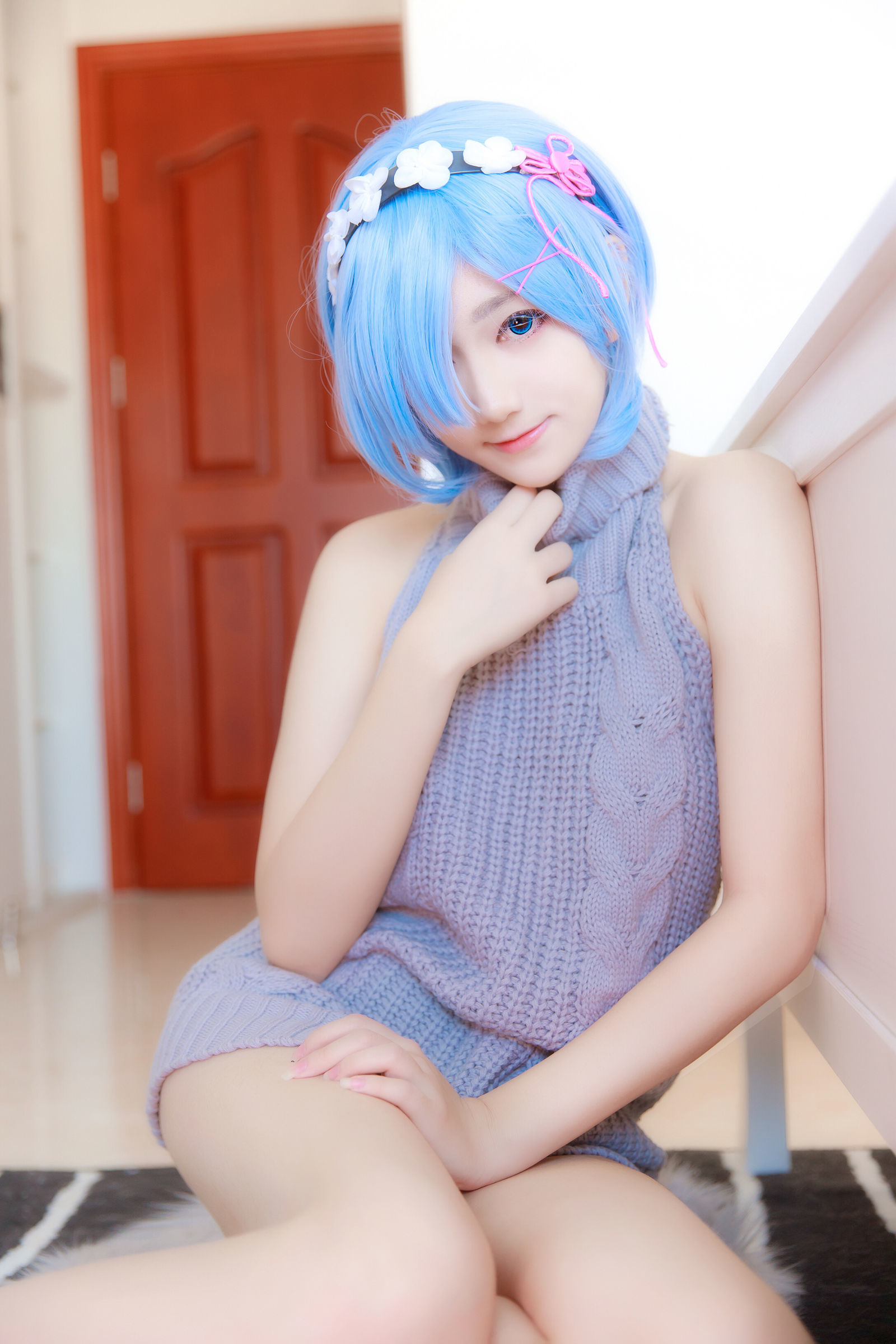 [萝莉COS] 南桃Momoko - 蕾姆露背毛衣