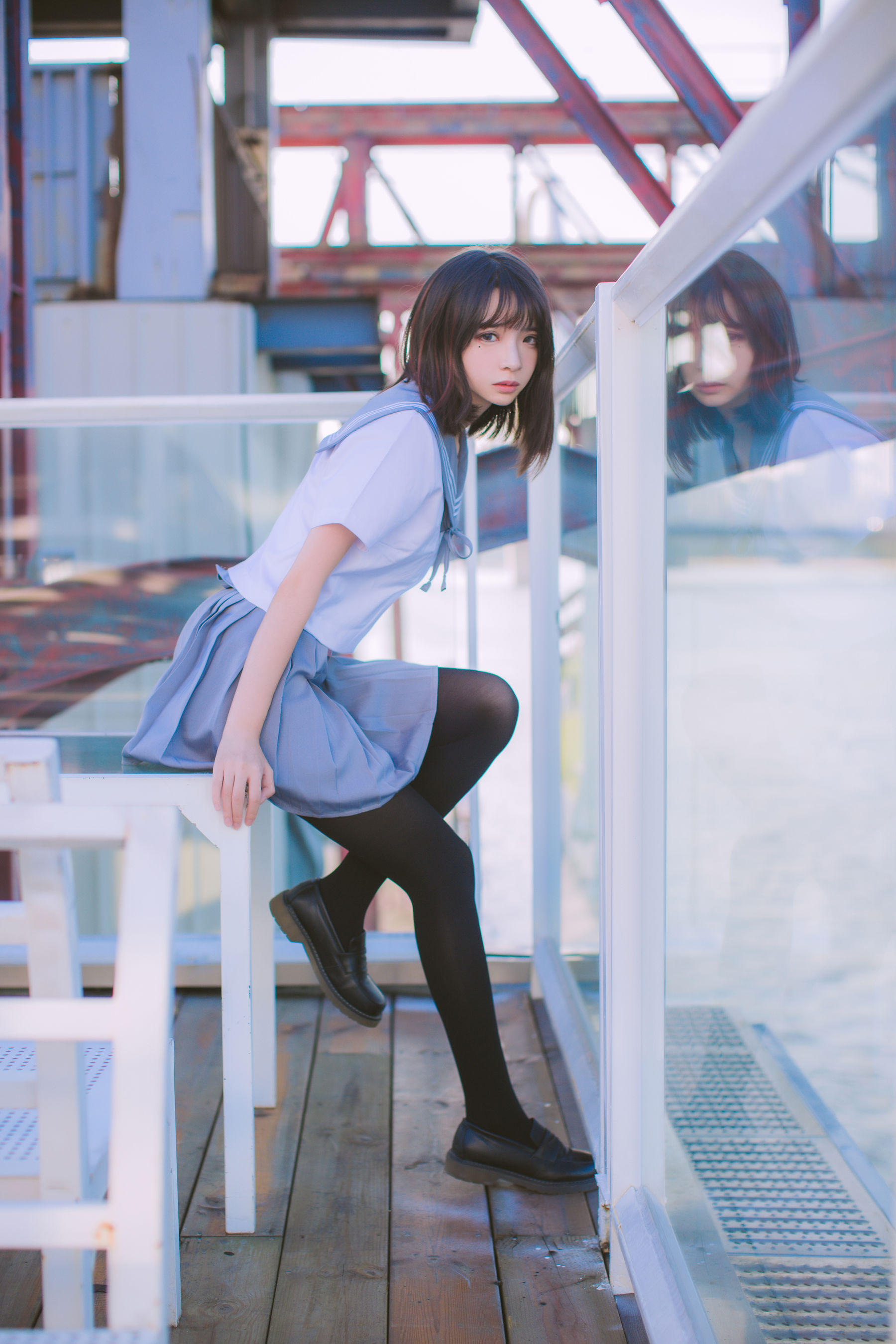 疯猫ss 海边蓝白水手服